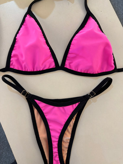 Bikini bi color rosa ribete negro